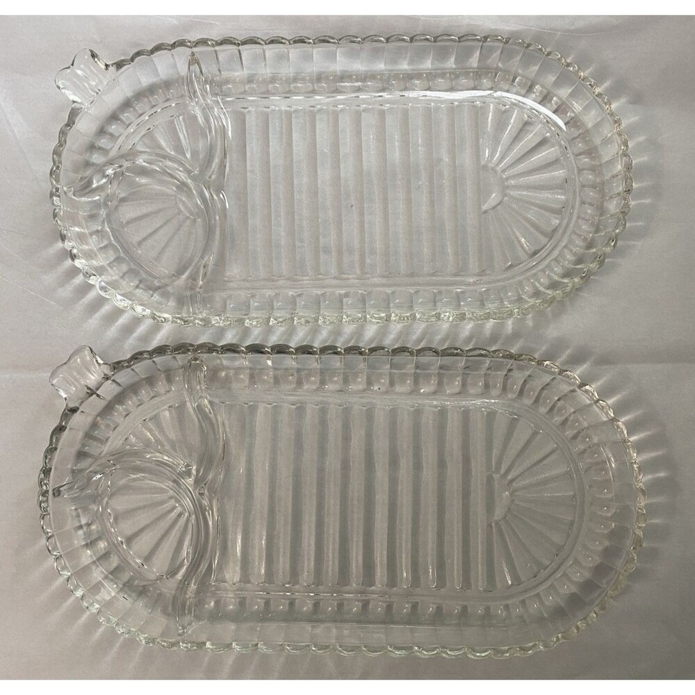 Set of 2 ANCHOR HOCKING Mid Century "Snack, Smoke & Sip" Oval Ribbed Glass Trays